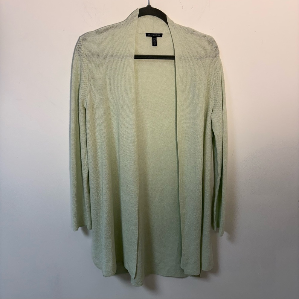 Eileen Fisher Womens Light Green Open Front Sweater Cardigan Linen Blend PS